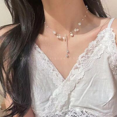 #ad Double Layer Tassel Pearl Necklace: Women#x27;s Camellia Collarbone Chain $7.08