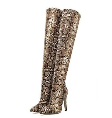 #ad New Women Snake Pattern Pull On Over The Knee Boots High Heels Pointed Toe Shoes $47.51