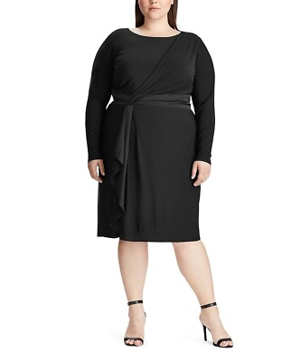 #ad Lauren Ralph Lauren Womens Plus Satin Trim Long Sleeve Black Jersey Dress 16 NWT $52.88