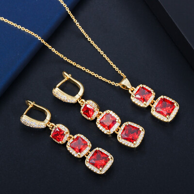 18k Gold CZ Red Long Dangling Drop Necklace Earrings Women Fashion Jewelry Sets $9.99