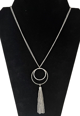 #ad Silver Tone Necklace Fashion Jewelry Tassel Long Chain Pendant Double Circles $8.45