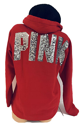 New PINK Victoria’s Secret Bling Campus Hoodie Sweater Sequin Red Silver Small $67.00