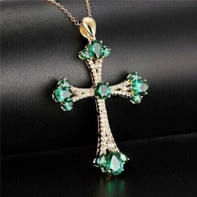 #ad 2 Ct Round Cut Simulated Emerald Engagement Cross Pendant 14K Yellow Gold Plated $127.35