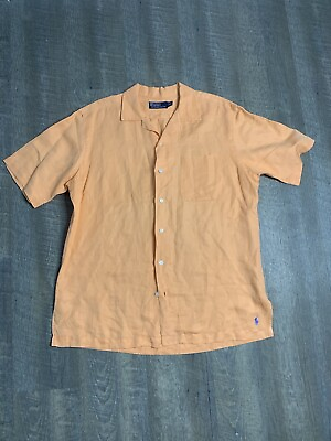 #ad Polo Ralph Lauren Shirt Mens M Button Up Short Sleeve Silk Linen Orange Preppy $18.99