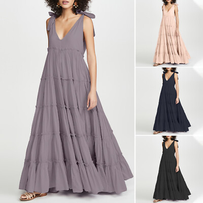 #ad Vintage Women#x27;s Maxi Dress Tank Sundress Sleeveless Layered Long Dress Holiday $18.09