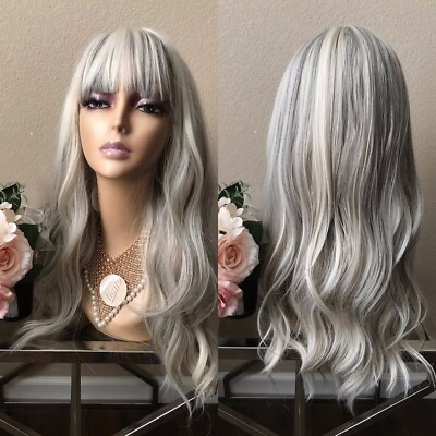 #ad Long Grey White Platinum Balayage Wavy Synthetic Hair Wig With Bangs Cosplay Wig $18.79