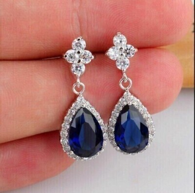 #ad 4.20CT Pear Lab Created Sapphire Diamond Halo Drop Dangle Earring 14k White Gold $473.45