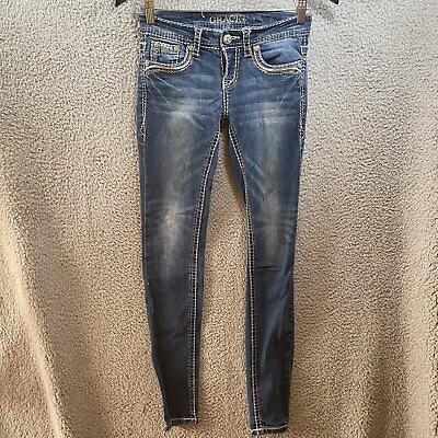 #ad Grace In LA Womens Blue Denim Embellished Back Pocket Bootcut Jeans SZ 24 Skinny $15.00