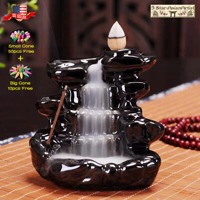 #ad Ceramic Backflow Waterfall Incense Burner Holder Lotus Waterfall amp; Incense Cones $13.99
