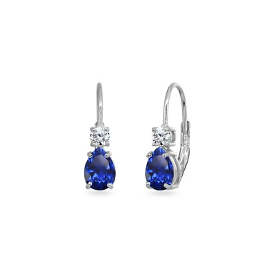 #ad #ad 7x5mm Pear amp; 3mm Round Created Blue Sapphire Sterling Silver Leverback Earrings $17.24