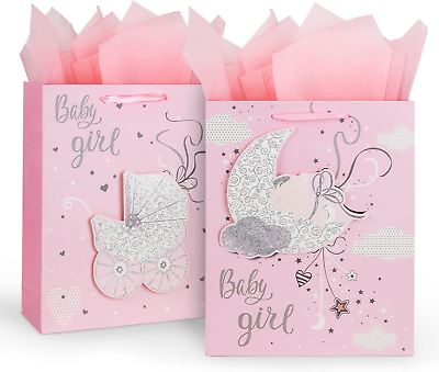#ad 12.6quot; Large Baby Shower Birthday Gift Bags for Girl with Tissue Papers 2 Pack P $13.21