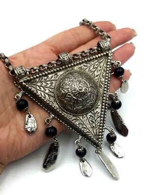 #ad Vintage Gypsy Bohemian Fringe Tassel 70s Large Silver Tone Medallion Necklace $65.00