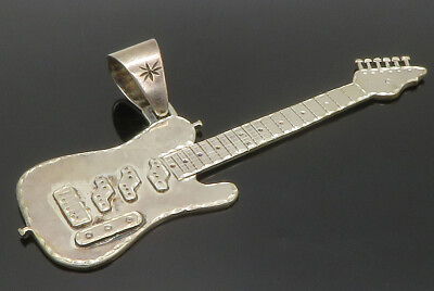 #ad 925 Sterling Silver Vintage Shiny Etched Electric Guitar Pendant PT10336 $135.92