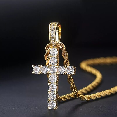 #ad 24K Gold Layered Cross Crusifix Bling Pendant Cubic Zirconia 24quot;Rope Chain GBP 39.99