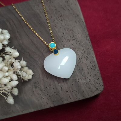 White Jade Heart Pendant Necklace 925 Silver Jewelry Gift Natural $4.99