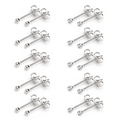 #ad 10 Pairs Stud Earrings Stainless Steel Tiny 2mm Round Ball Zirconia Ear Jewelry $5.98