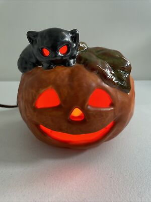#ad Vintage Pumpkin with Black Cat Sitting 4 x 4 Light Up Ceramic Mold Halloween $25.99