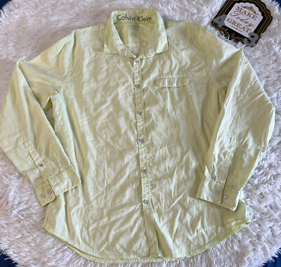 #ad Calvin Klein Mens Button Up Shirt Long Sleeve Large Yellow White Striped XL $11.89