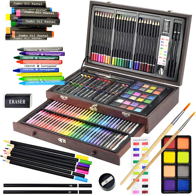 #ad Sunnyglade 145 Piece Deluxe Art Set Wooden Art Box amp; Drawing Kit with Crayon.. $34.95
