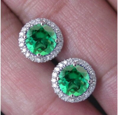 #ad Natural Emerald Studs Earrings with Diamonds in 14k White Gold 3.20 TCW $361.25