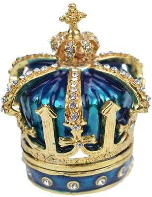 #ad Bejeweled Crown Hinged Metal Enameled Rhinestone Trinket Box $22.50