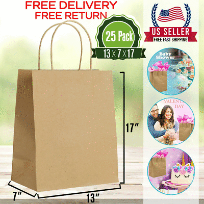 25Pcs Brown Kraft Paper Gift Bags Bulk With Handles Ideal For Shopping Party $24.99
