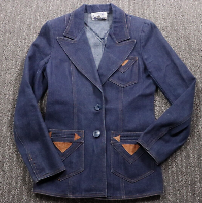 #ad 80#x27;s Vintage Denim Suit Jacket Patches Shoulder Pads Western Women#x27;s Small $29.77