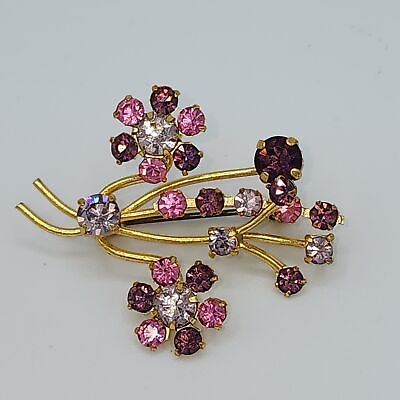 #ad Purple Flower Brooch Vintage Rhinestone Gold Tone Floral Daisy Brooch Pin $18.00