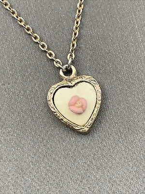 #ad Vintage Necklace 1928 Heart Porcelain pink rose enamel 16” $11.11