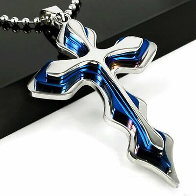 #ad Cross Pendant Necklace Silver Stainless Steel Unisex#x27;s Chain Crucifix Men Women $4.29