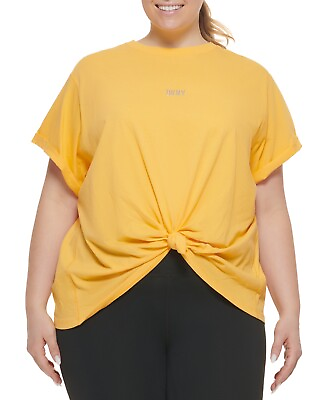 #ad DKNY Women#x27;s Sport Plus Knot Front Metallic Logo T Shirt Yellow Size 1X $14.49