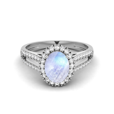 #ad Rainbow Moonstone Oval 8x6mm Ring With Side Accents Rhodium Plated $36.42
