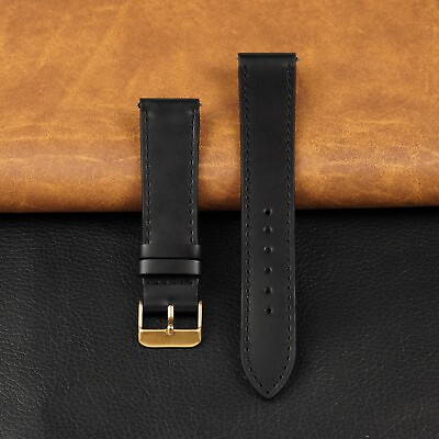 #ad Gift For Him Leather Watch Band Black Slim Wriststrap Soft Skin Gold Buckle $13.59