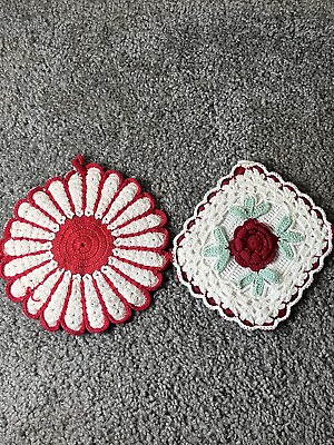 #ad Vintage Hand Crochet Red And White Rose Hot Pad Potholder Granny Chic Set Of 2 $18.99