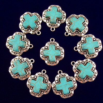 #ad 5Pcs 25x22x6mm Tibetan Silver Inlaid Blue Turquoise Cross Pendant Bead AN 506 $9.95