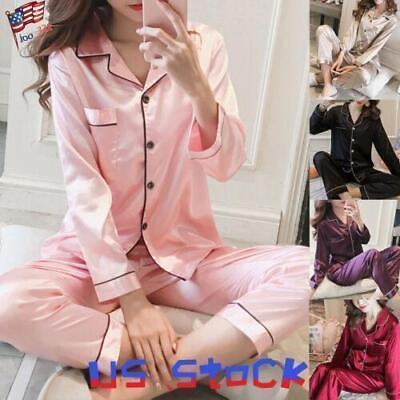 #ad Womens Ladies Satin Pyjamas PJs Silk Long Sleeve Soft Nightwear Sleepwear Set US $18.19
