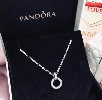 #ad AUTHENTIC Pandora Necklace Silver Pave Double Circle Chain 399487C01 45 17.7 IN $41.99