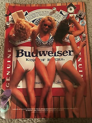 #ad Vintage 1980s BUDWEISER BUD GIRLS Poster Print Ad KING OF BEERS BEER TOWEL RARE $7.99