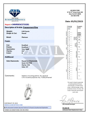 #ad 1.25ct tw D SI1 Round Earth Mined Certified Diamonds Platinum Engagement Ring $1782.00