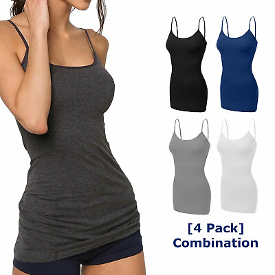 4 pack Women Long Camisole Tank Tops COTTON Blend Fit Basic Cami Top W Straps $23.99