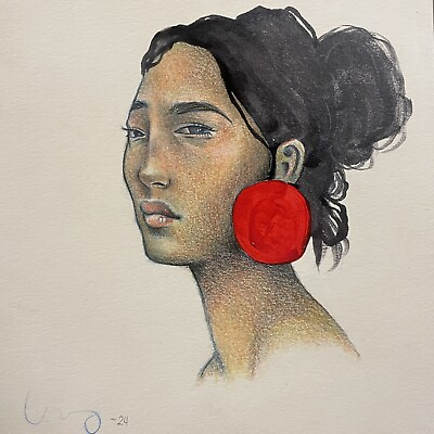 #ad Original Fine Art Prisma Drawing Small Native American Indian Female Portrait $18.00