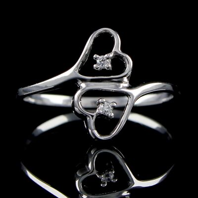 #ad Round Cut Simulated Diamond Double Heart Anniversary Ring 10K Solid White Gold $341.24