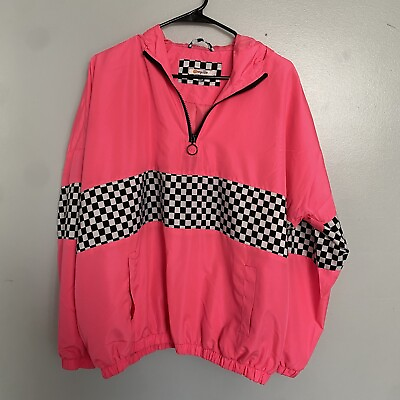 #ad Orange Kiss Women’s Retro 80’s Neon Pink Checkered Windbreaker Pullover XL $18.00