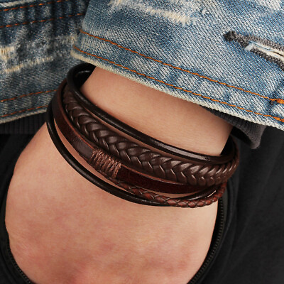 #ad Mens Bracelet Leather Bracelet Men Wristband Braided Multi Layer 7.5 8.3 9 inch $6.90