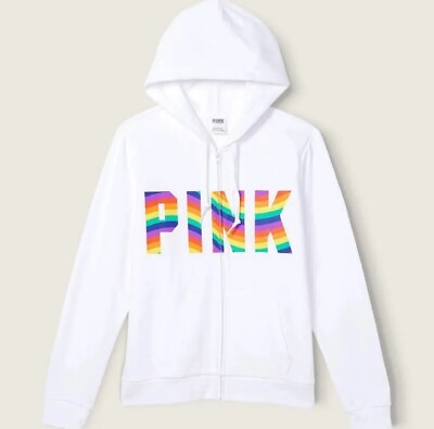 #ad Victoria#x27;s Secret Pink Everyday Fleece Sweatshirt Pride Rainbow Logo XS NWT $44.99