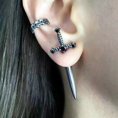 #ad Goth Dagger Sword Screw Piercing Earrings Stainless Steel Punk Men Women Jewelry C $2.75