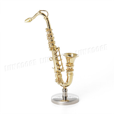 #ad 1:12 Saxophone Miniature Musical Instrument w Caseamp;Stand Goldtone Gift Dollhouse $18.19