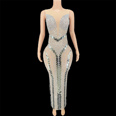 #ad Gold And Silver Bling Mirror Rhinestones Women Long Dress Party Sexy Stage Wear $214.60