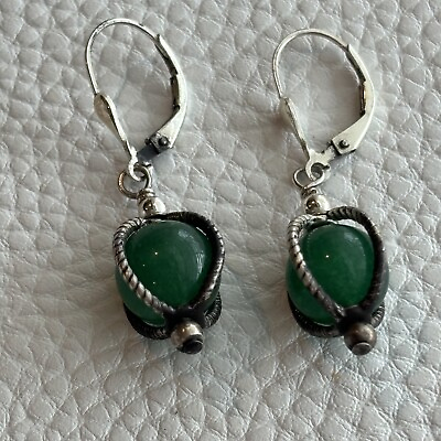 #ad Carolyn Pollack 925 Sterling Silver Aventurine Green Gemstone Dangle Earrings $47.60