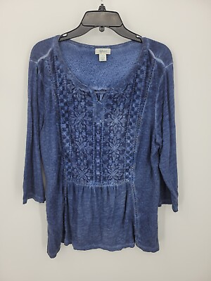 #ad Style amp; Co Top Womens Large Blue Embroidered Long Sleeve Boho Peasant blouse $22.05